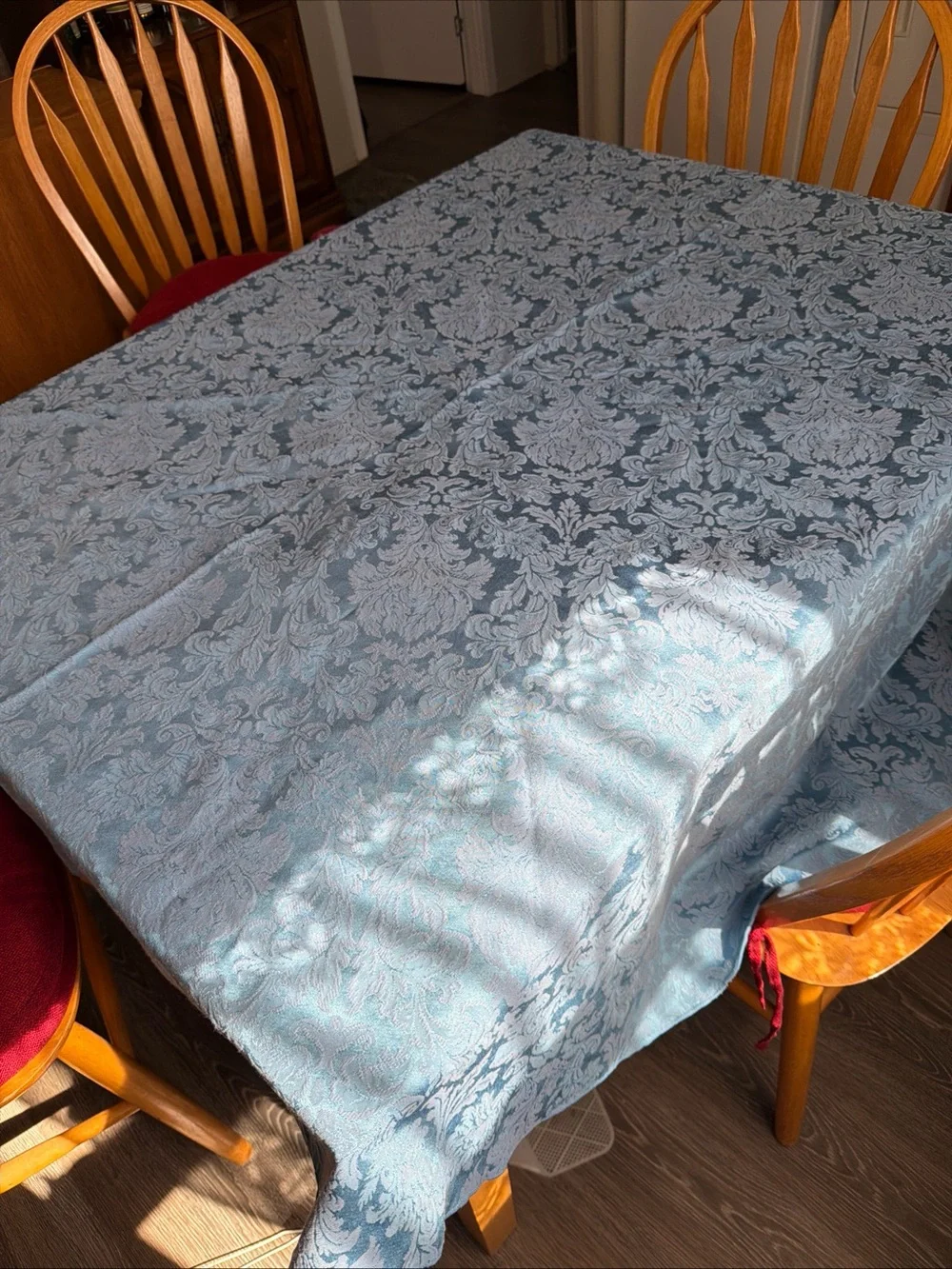 3 vintage tablecloths Thanksgiving, Christmas and Blue Jacquard